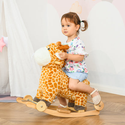 HOMCOM 2-IN-1 Schaukeltier Giraffen mit Sound Effekt, Räder , Haltegriffen Plüsch Baby Schaukelspielzeug Schaukel Schaukelsitz für Kleinkinder 3-6 Jahre