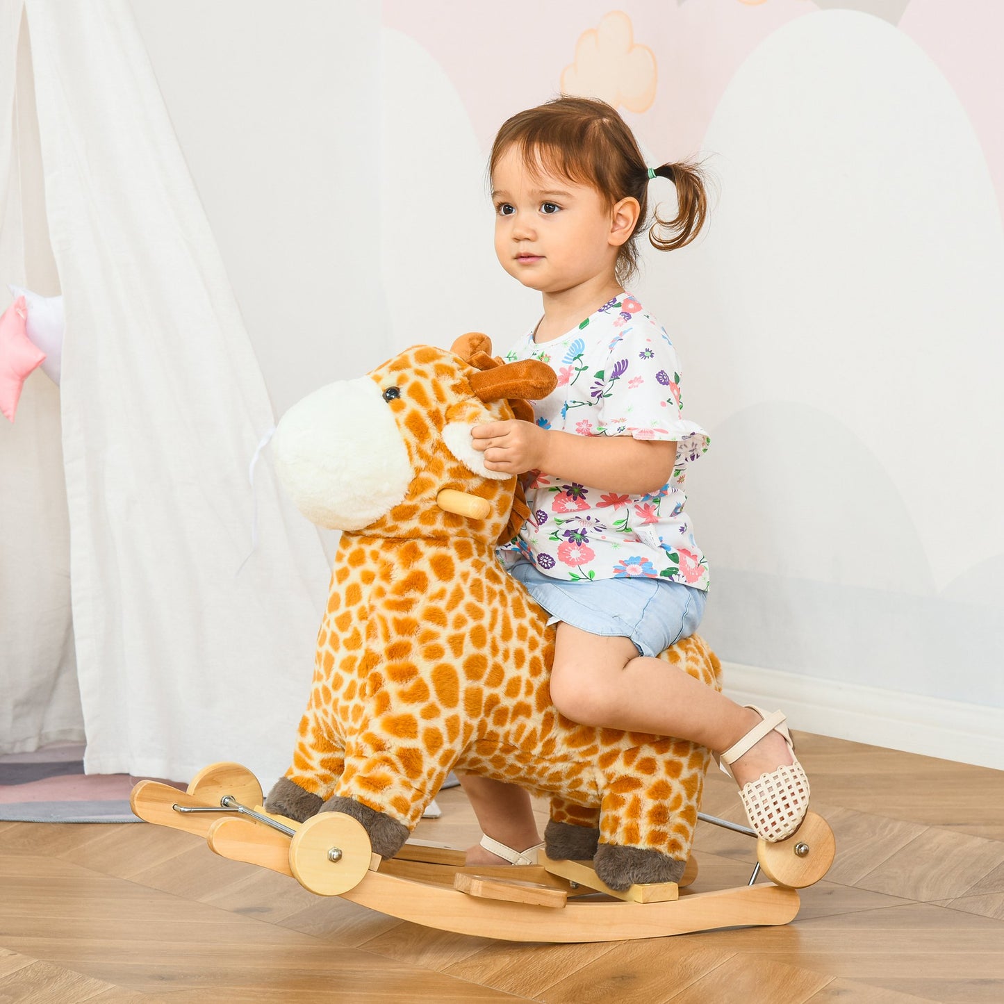 HOMCOM 2-IN-1 Schaukeltier Giraffen mit Sound Effekt, Räder , Haltegriffen Plüsch Baby Schaukelspielzeug Schaukel Schaukelsitz für Kleinkinder 3-6 Jahre