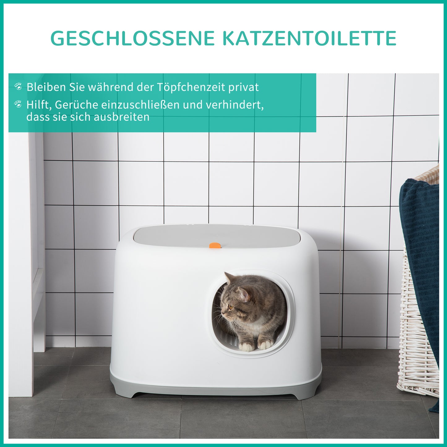 PawHut Katzenklo mit Deckel Katzentoilette mit Haube Schaufel Gitterboden XXL Katzentoilette für Katzen bis 5 كجم 55 × 40 × 39 سم أبيض