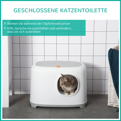 PawHut Katzenklo mit Deckel Katzentoilette mit Haube Schaufel Gitterboden XXL Katzentoilette für Katzen bis 5 كجم 55 × 40 × 39 سم أبيض
