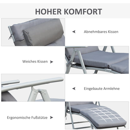 Outsunny Sonnenliege klappbar Strandliege mit Kopfkissen Sitzkissen Liegestuhl mit 7-Fach verstellbare Rückenlehne Gartenliege Relaxliege bis 165 kg belastbar, für Garten Urlaub Outdoor, Grau