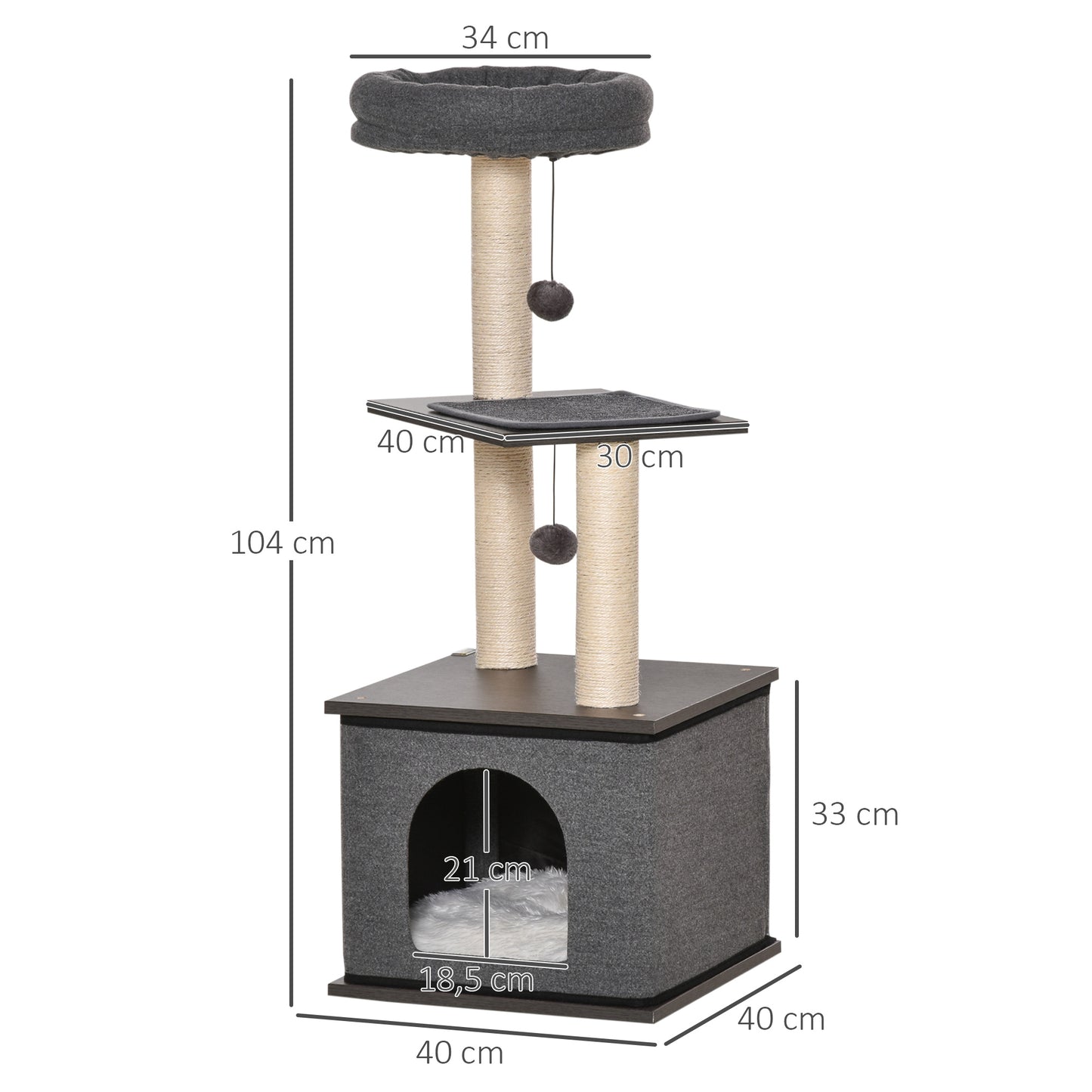 PawHut Katzenkratzbaum Katzenspielzeug Kletterbaum Spielmöglichkeiten Spielsisal Spielseil PB-Platte سيزال Dunkelgrau 40 × 40 × 104 سم