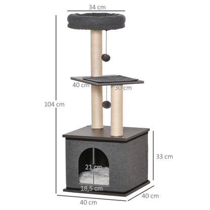 PawHut Katzenkratzbaum Katzenspielzeug Kletterbaum Spielmöglichkeiten Spielsisal Spielseil PB-Platte سيزال Dunkelgrau 40 × 40 × 104 سم