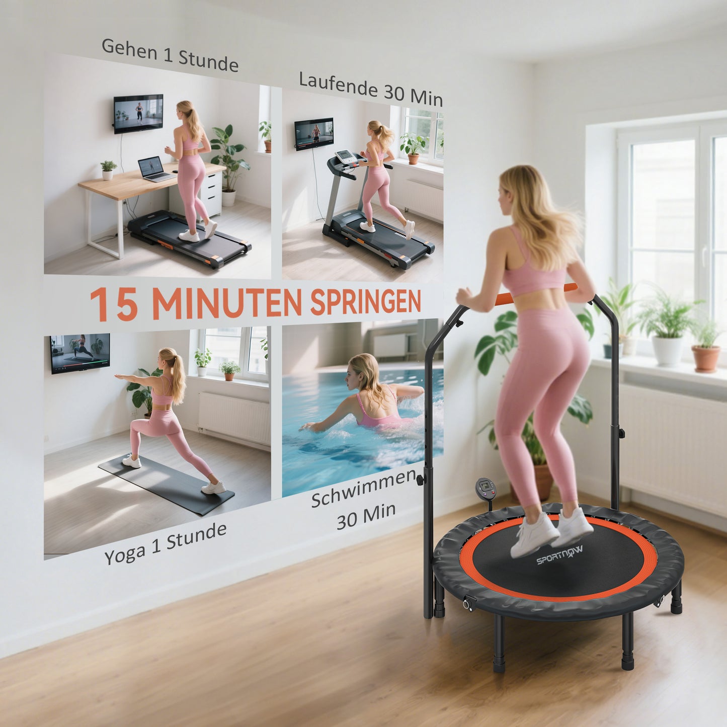 SPORTNOW Mini-Trampolin, mit höhenverstellbarem Haltegriff, LCD-Monitor, Stahl, schwarz+rot, Ø102 x 99-123cm