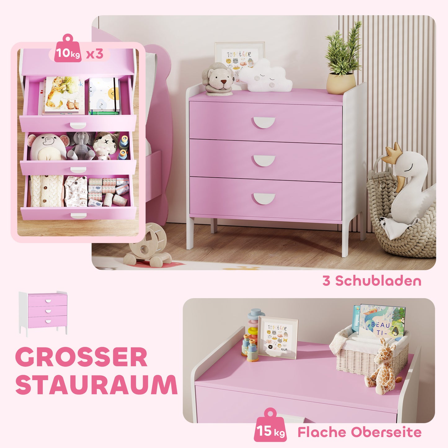AIYAPLAY Kinder-Kommode mit 3 Schubladen, MDF, Aufbewahrungsschrank für Kinder, Rosa+Weiß