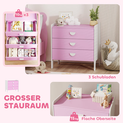 AIYAPLAY Kinder-Kommode mit 3 Schubladen, MDF, Aufbewahrungsschrank für Kinder, Rosa+Weiß