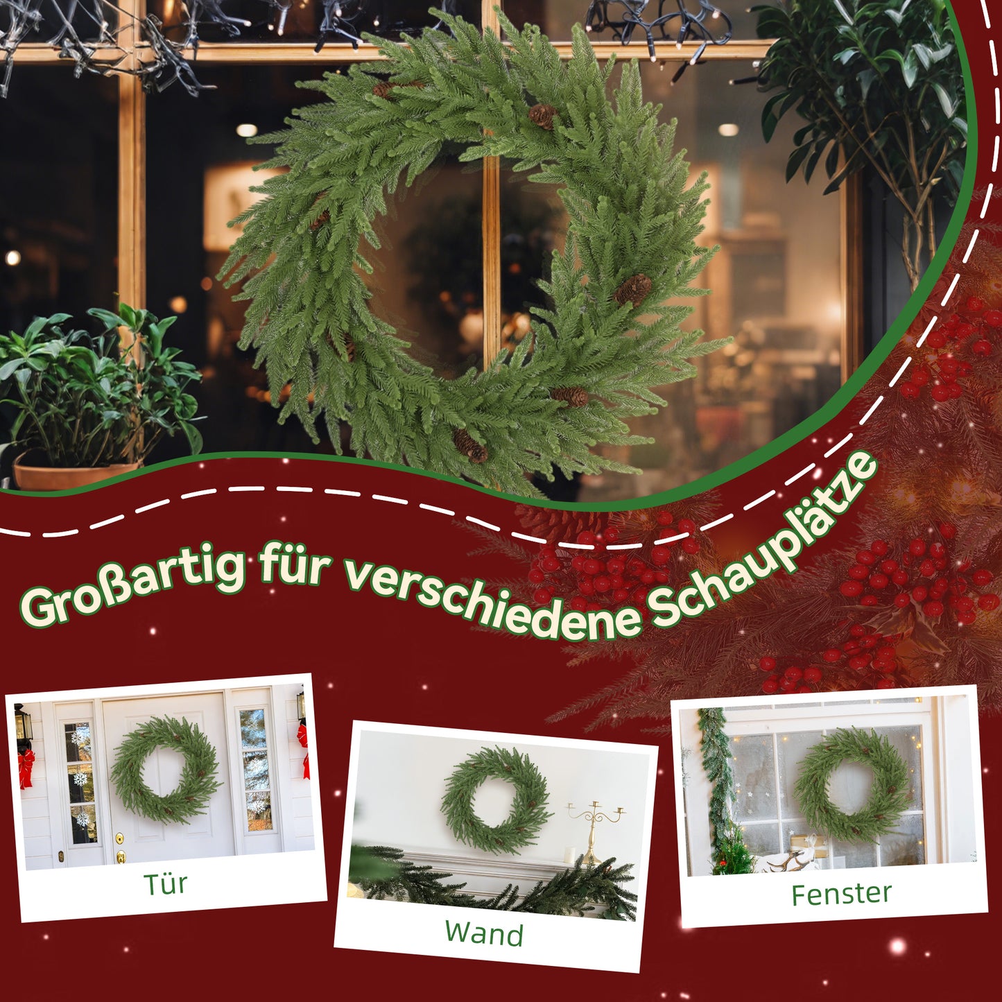 HOMCOM Weihnachtskranz mit Zapfen, Türkranz Künstlicher Weihnachtskranz für Tür Grün, Ø60 x 15 cm