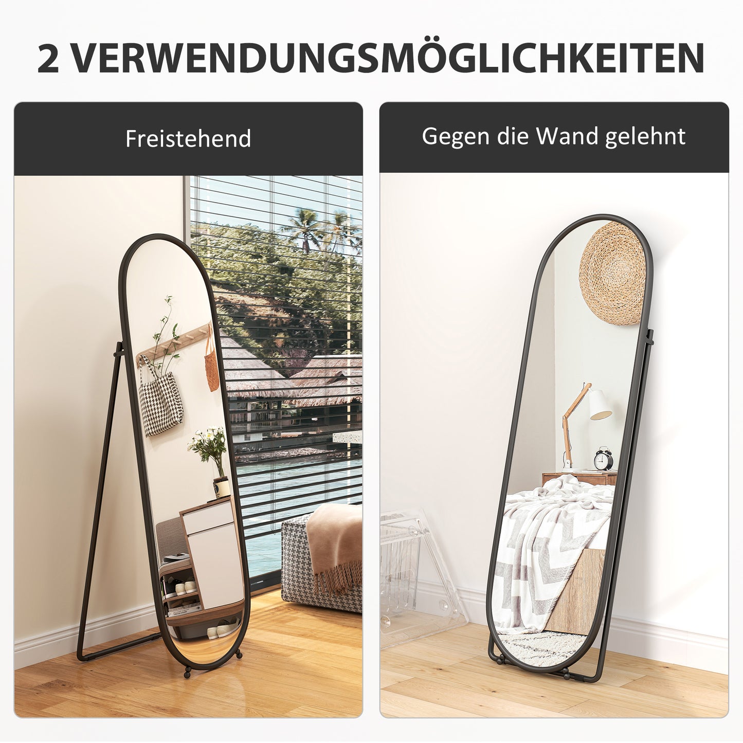 HOMCOM Ganzkörperspiegel, ovale Form, freistehend, Metallrahmen, 40x160cm, Schwarz