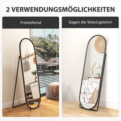 HOMCOM Ganzkörperspiegel, ovale Form, freistehend, Metallrahmen, 40x160cm, Schwarz
