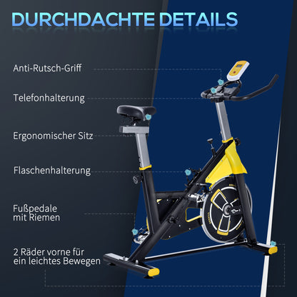 HOMCOM Fahrradtrainer höhenverstellbarer Heimtrainer Fitnessfahrrad Rollentrainer mit Riemenantrieb LCD-Display Stahl ABS Gelb+Schwarz 45,5 x 100 x 101-113 cm