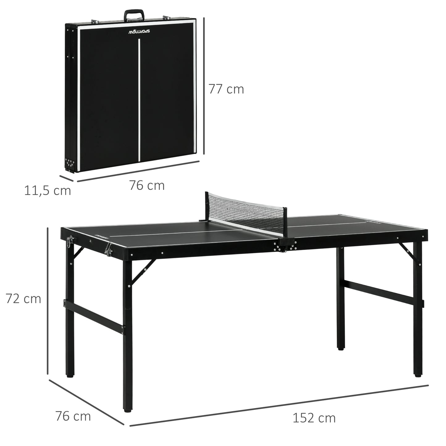 SPORTNOW Tischtennisset, faltbar, Schloss und Griff, Aluminiumrahmen, 152x76x72 cm, Schwarz