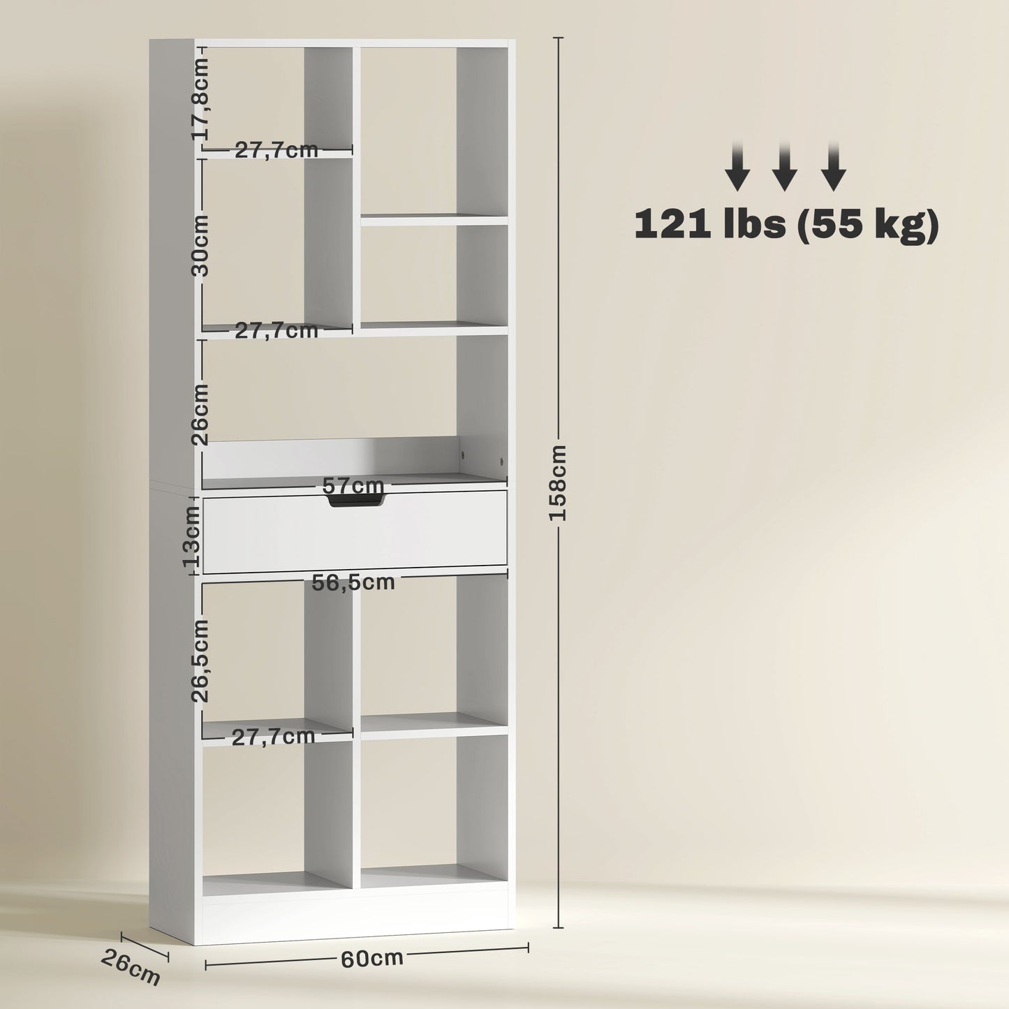 HOMCOM Bücherregal, Mehrzweckregal, 9 Fächer, Schublade, Kippschutz, 60 x 26 x 158 cm, Weiß