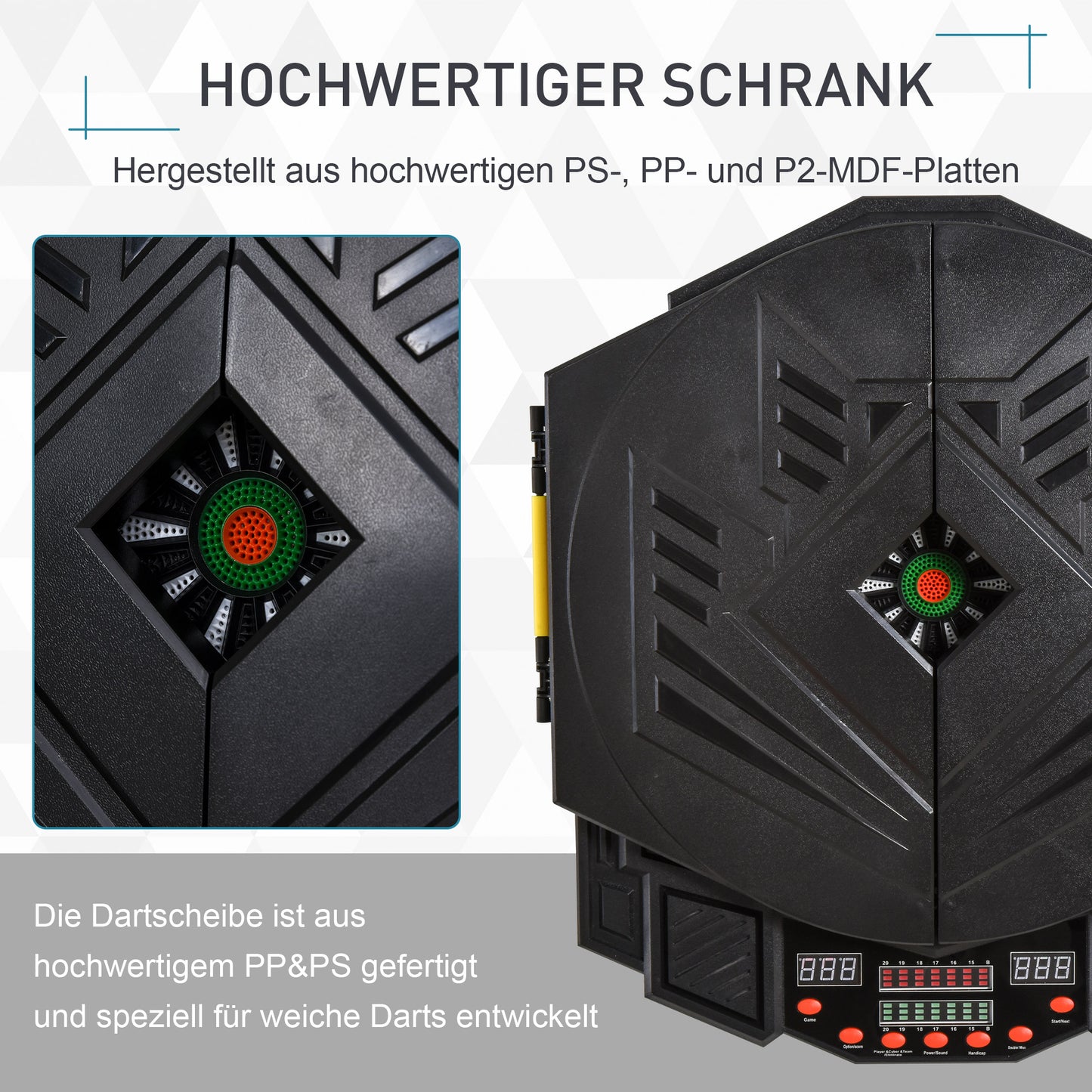 SPORTNOW Elektronische Dartscheibe Dartboard mit Sprachansagen Englische Stimme LED-Anzeigen 12 Darts 27 Spiele 216 Varianten Dartautomat mit Türen Dartscheibe Set für bis zu 8 Spieler