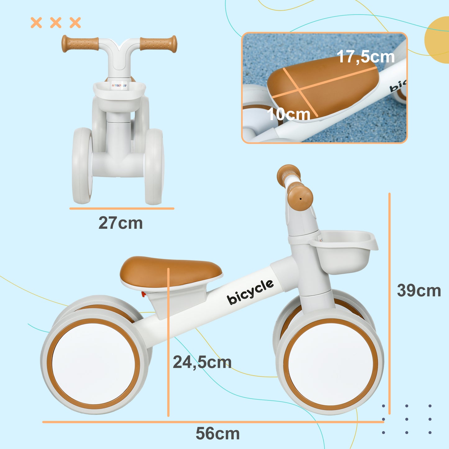 AIYAPLAY Laufrad, verstellbarer Sitz, Flüsterräder, für 1-3 Jahre, bis 20 kg, Braun/Weiß
