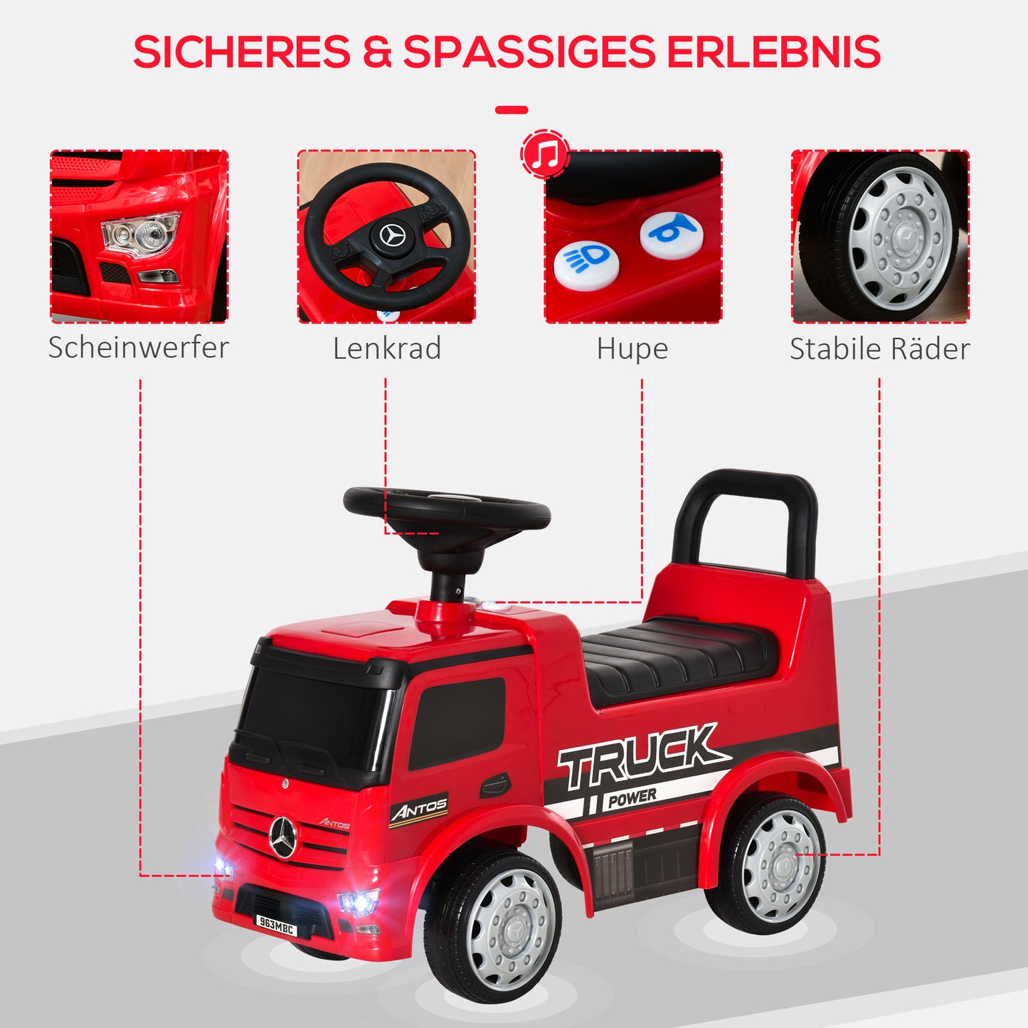 HOMCOM Rutscherfahrzeug Rutscherauto Babyrutscher Kinderfahrzeug lizenziert von Mercedes ANTOS-LKW-Stil mit Licht für Kinder von 12 bis 36 Monaten Metall PP-Kunststoff Rot+Schwarz 62,5x28,5x45cm