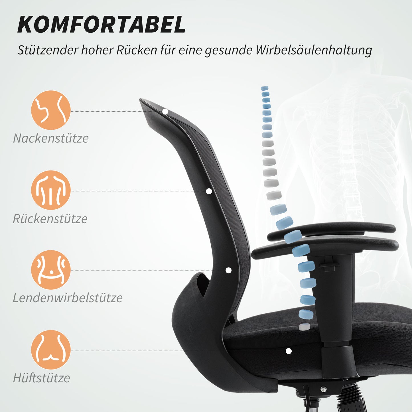 HOMCOM Netz-Bürostuhl, verstellbarer Schreibtischstuhl mit Netzstoff-Rückenlehne, rollbar, mit Kippfunktion, Schwarz