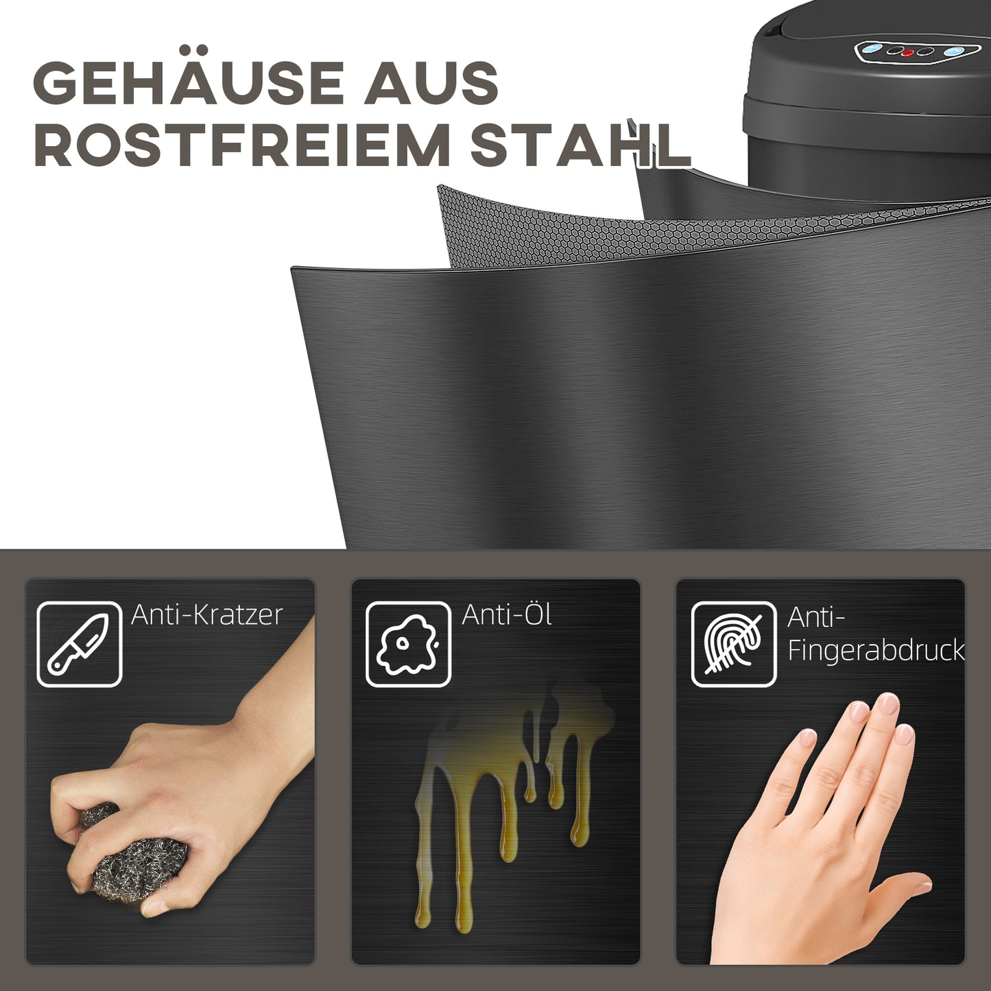 HOMCOM 42 Liter Sensor-Mülleimer mit Soft-Close-Funktion, berührungsfreier Abfalleimer aus Edelstahl für hygienische Küchen