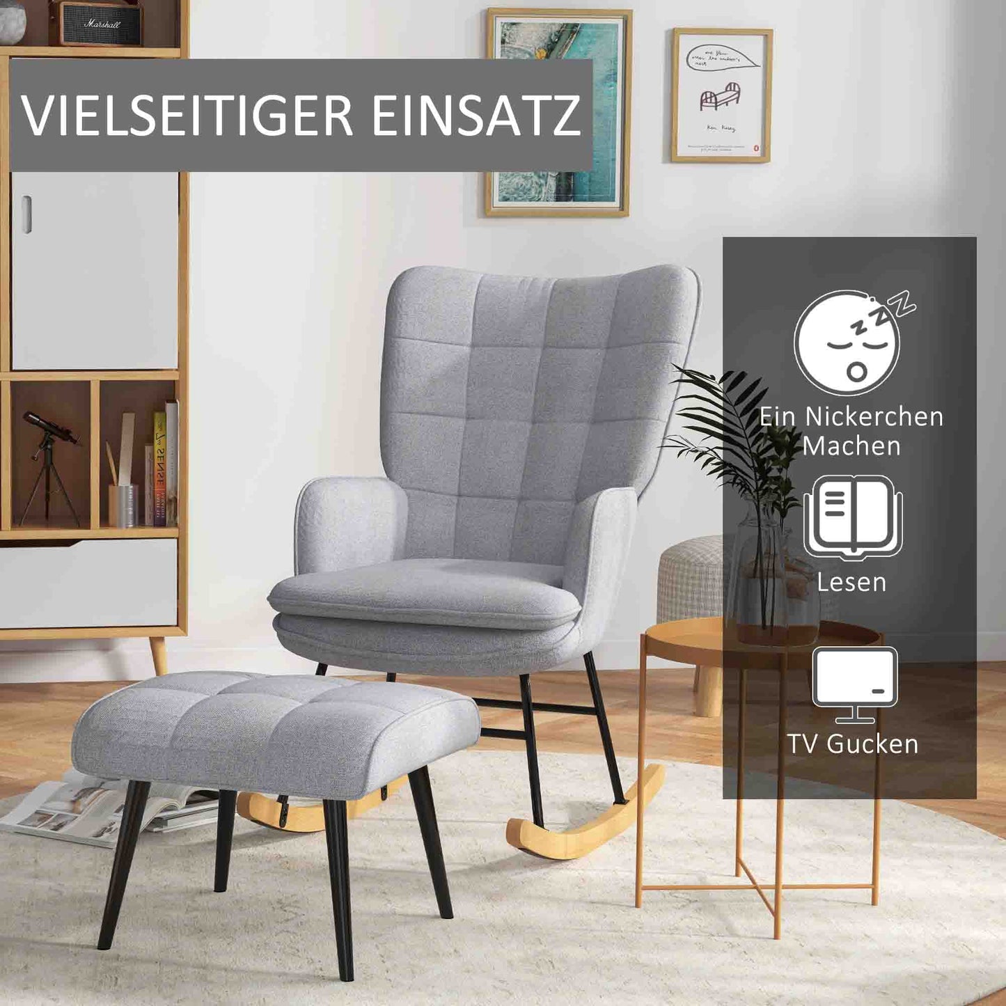 HOMCOM Schaukelstuhl mit Ottomane Skandidesign Schaukelstuhl mit Fußhocker, Buchenholz, Steppung, 64 cm x 89 cm x 90 cm Grau