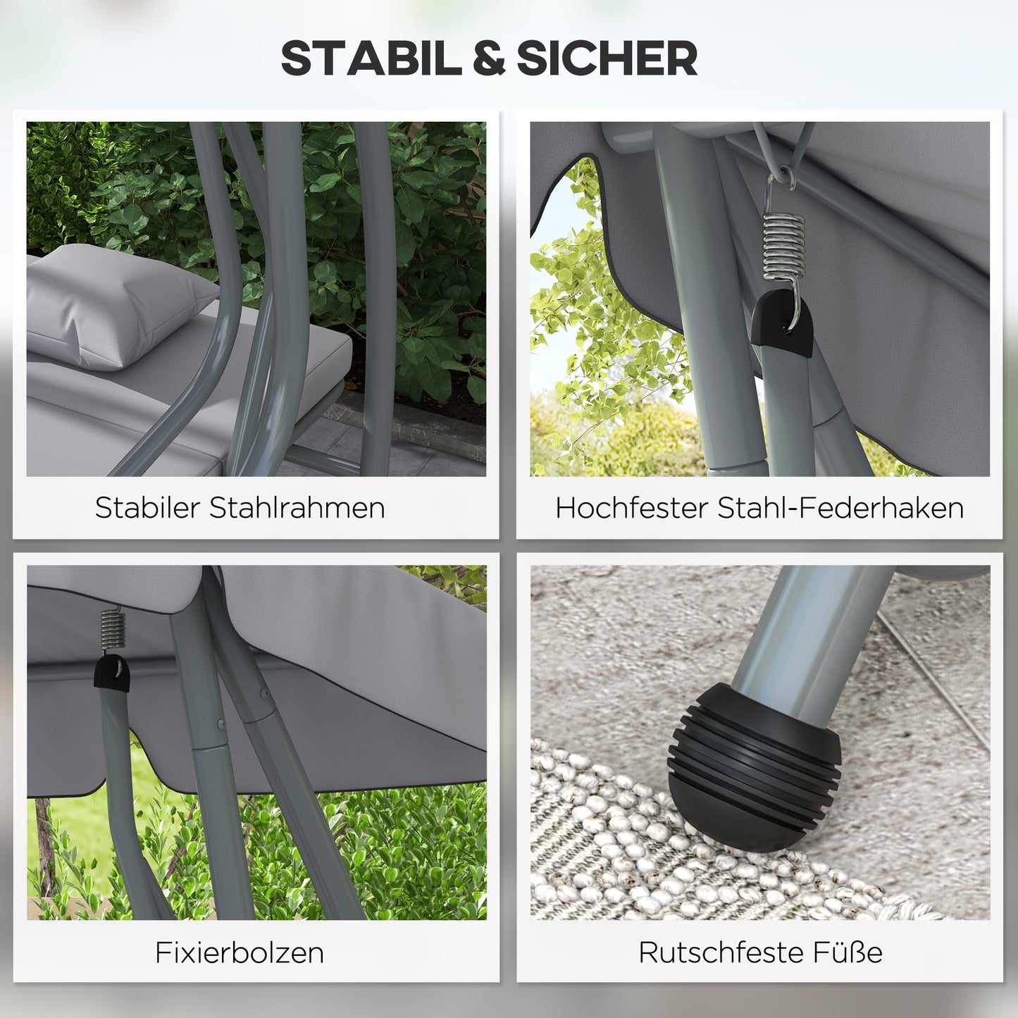 Outsunny 2-in-1 Hollywoodschaukel mit Liegefunktion, verstellbares Dach, bis 340 kg, Stahl, 200x120x164 cm, Grau