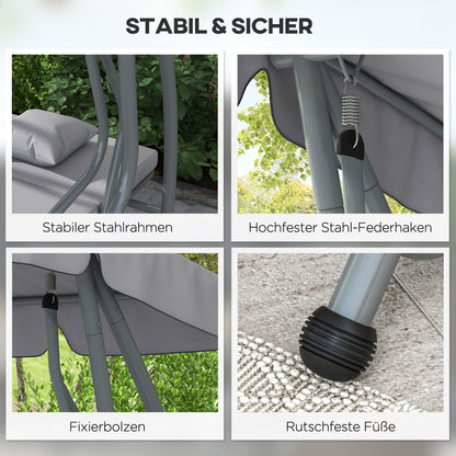 Outsunny 2-in-1 Hollywoodschaukel mit Liegefunktion, verstellbares Dach, bis 340 kg, Stahl, 200x120x164 cm, Grau