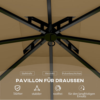 Outsunny 3,4 x 3,4 m Gartenpavillon, Bierzelt mit Lüftungsdach, Bogenfenstern, Stahlgestell, Beige