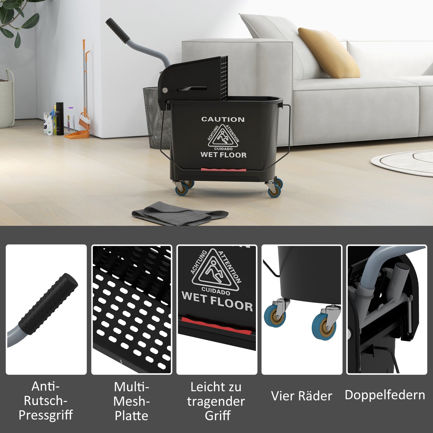 HOMCOM 20 L Mopp-Eimer mit Auswringer und Griff, Wischmopp-Eimer auf Rädern, Kunststoff, Schwarz