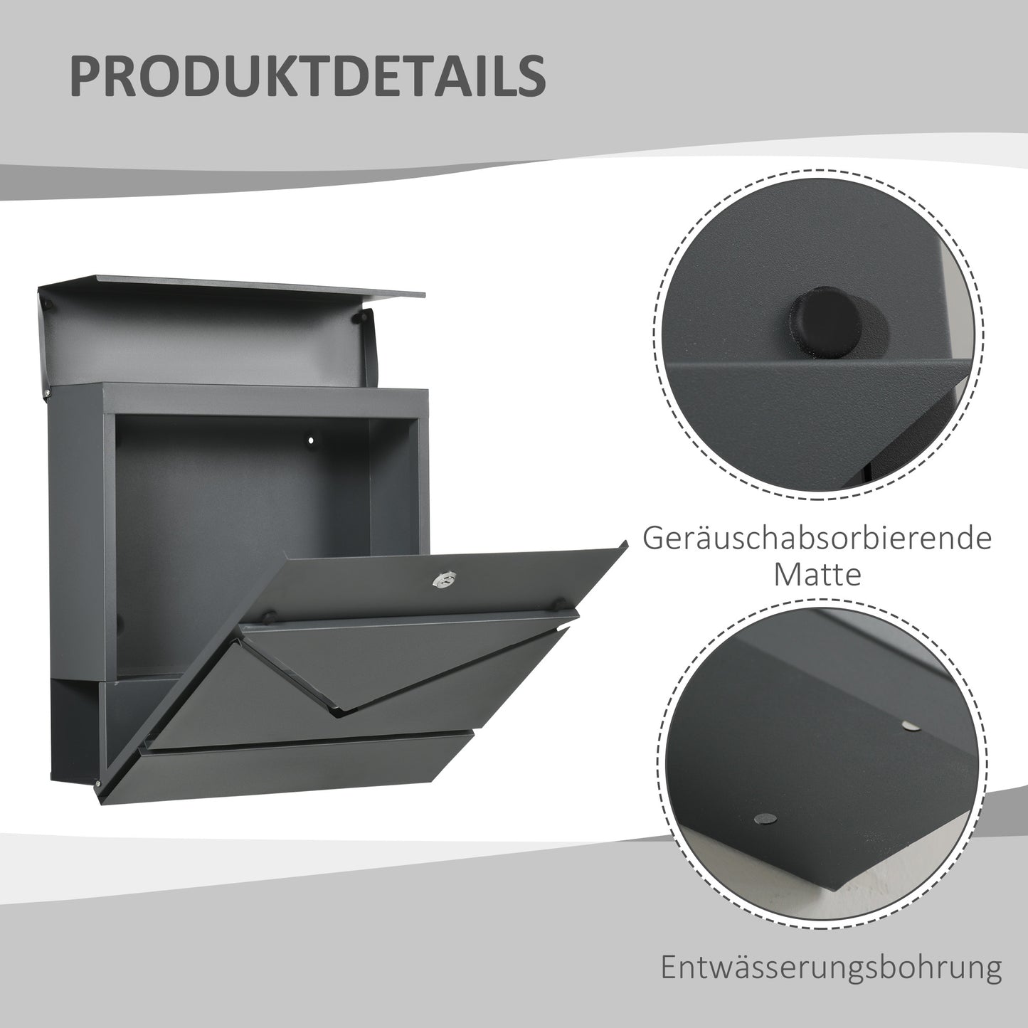 HOMCOM Briefkasten mit Deckel, 2 untere Abflusslöcher, Stahl, mit Schloss, Grau