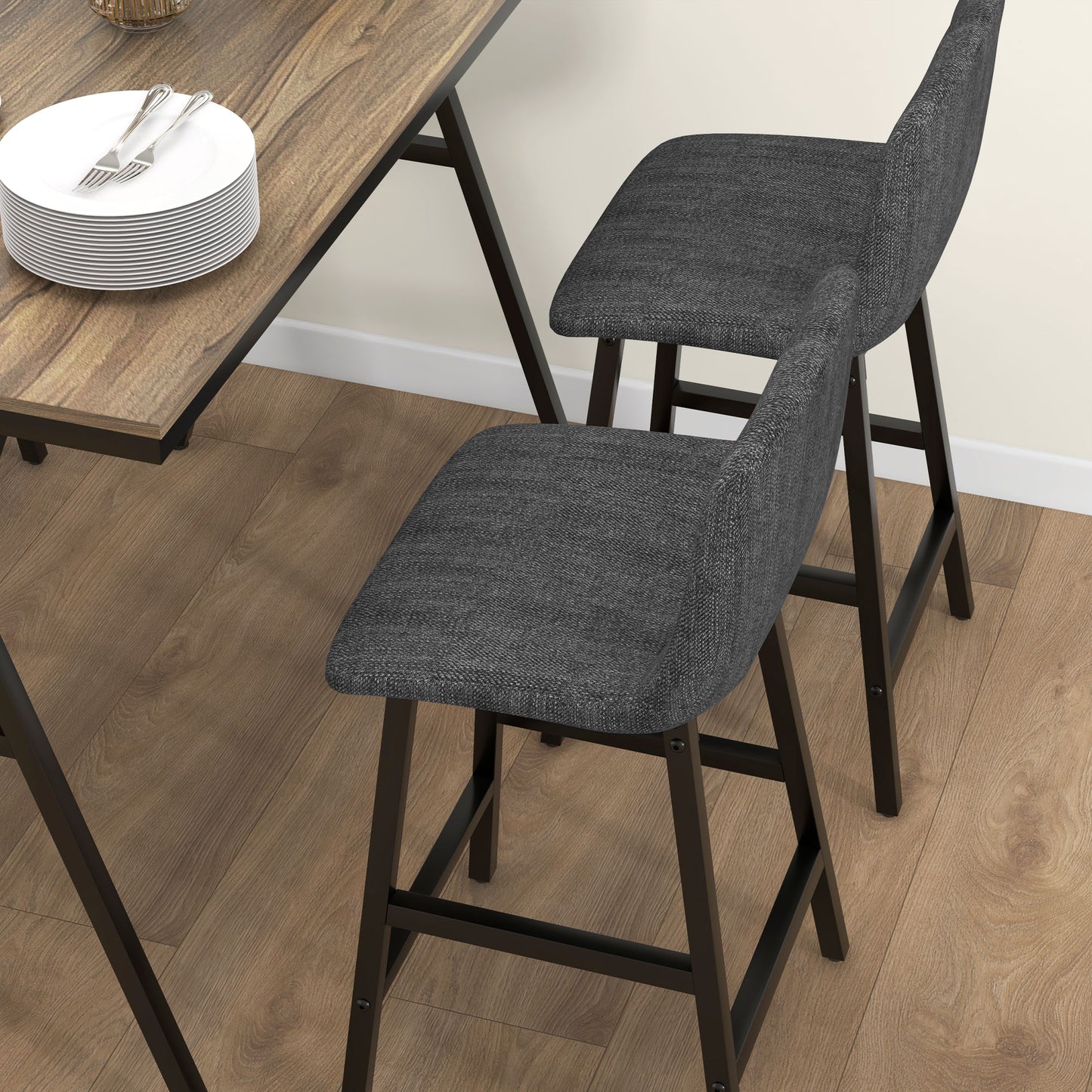 HOMCOM Bargarnitur 5-teilig, Tisch und 4 Stühle, Knopfheftung, dicke Polsterung, Leinenoptik, Dunkelgrau