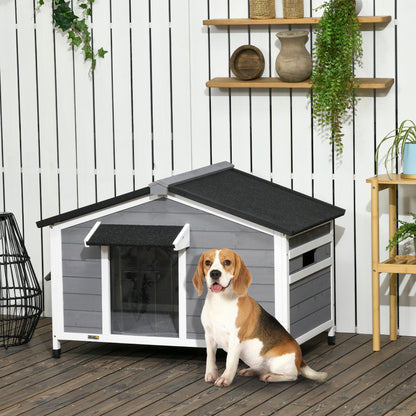 PawHut Hundehütte aus Massivholz, wetterbeständig, Asphaltdach, abnehmbarer Boden, 109 cm x 79 cm x 72 cm, Grau + Weiß