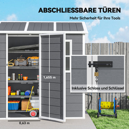 Outsunny Gartenhaus, Gartenschuppen mit Boden, Fenster, verschließbarer Tür, Kunststoff-Harz, wetterfest, Grau