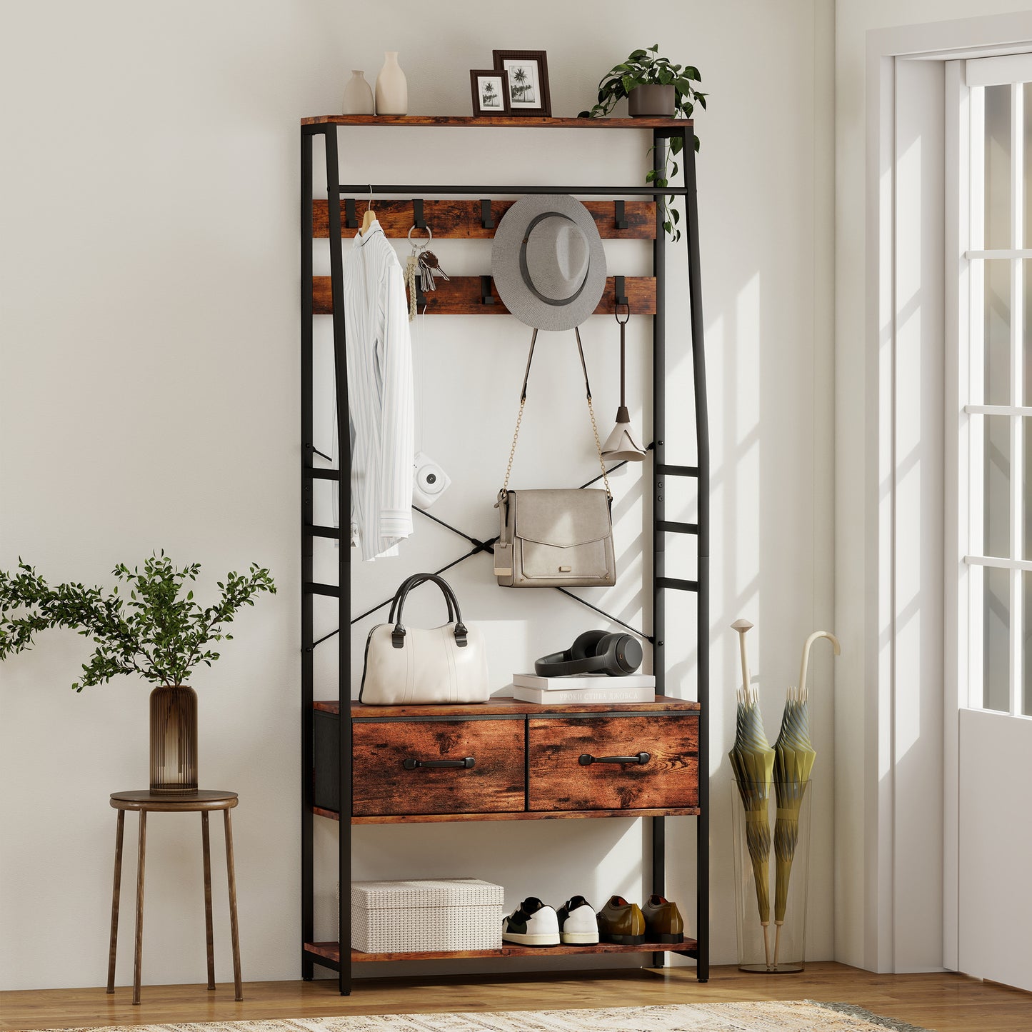 HOMCOM Garderobe mit Schuhregal, Mantelständer mit Sitzbank, 10 Haken, 2 Stoffschubladen, Kleiderstange, Spanplatte, Metall, Braun