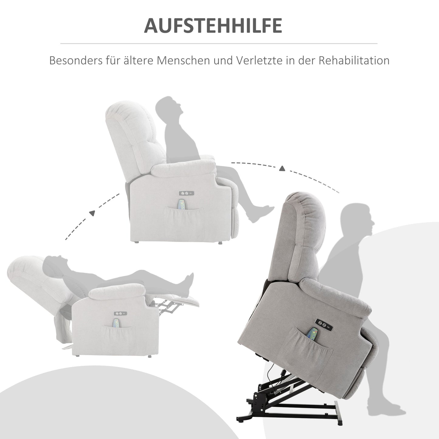 HOMCOM Sessel mit Aufstehhilfe, Massagesessel, Relaxsessel mit USB-Anschluss, Fernsehsessel mit Fernbedienung, Seitentasche, Neigebarer TV-Sessel mit Samtoptik, Grau