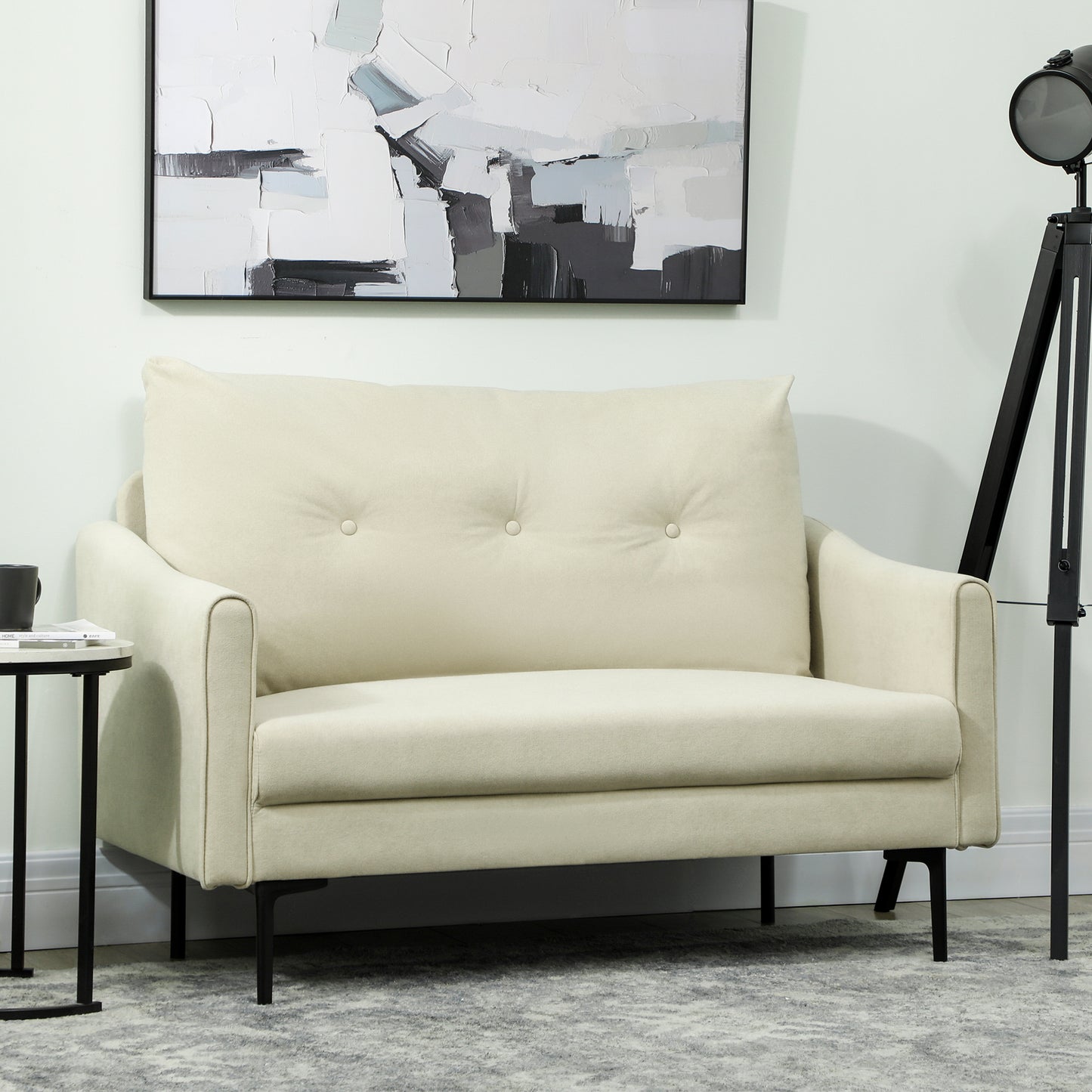 HOMCOM 2-Sitzer-Sofa mit Schaumstoff-Polsterung und Stoffbezug, für Wohnzimmer, Schlafzimmer, Metallrahmen, Cremeweiß