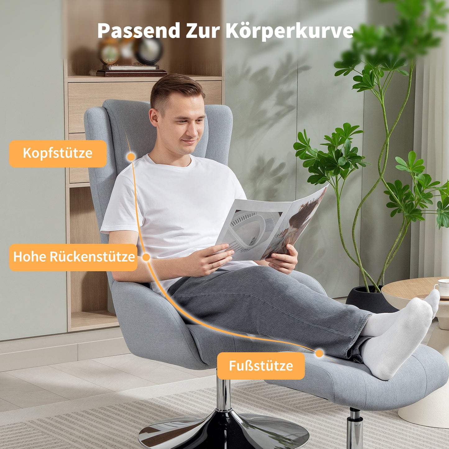 HOMCOM Drehbarer Polsterstuhl mit Fußhocker, zurücklehnbar, Polstersessel mit Armlehnen, für Wohnzimmer, Schlafzimmer, Grau