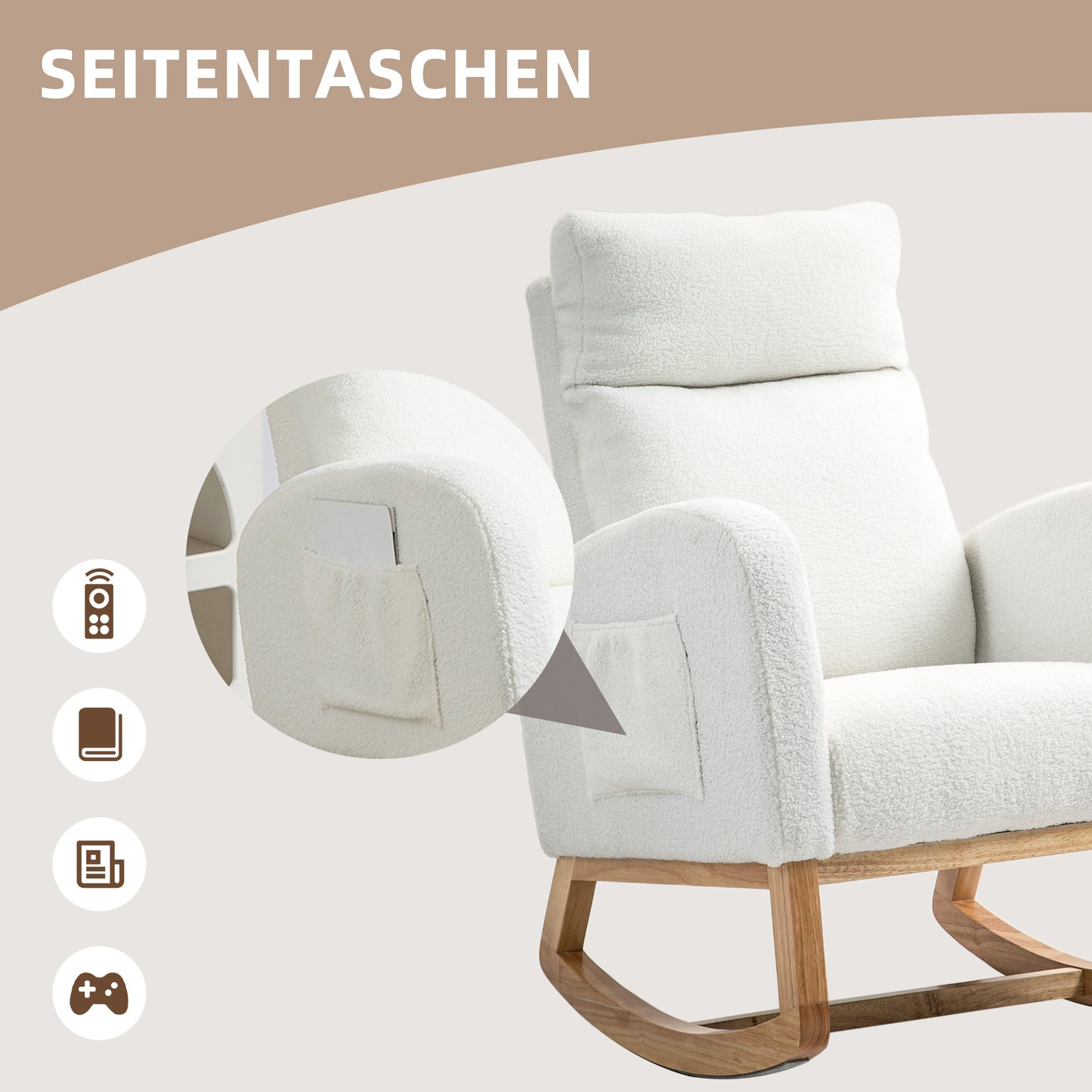 HOMCOM Schaukelstuhl, Relaxsessel, dicke Polsterung, kuscheliger Bezug, Holzrahmen, bis 120 kg Tragkraft, Cremeweiß