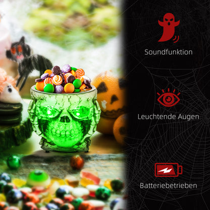 HOMCOM Halloweendekoration, Skelett-Süßigkeitenschale, leuchtende Augen, unheimliches Heulen, Grau/Schwarz