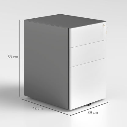 Vinsetto Aktenschrank, Rollcontainer, 3 Schubladen & Hängeregister, Schloss, Stahlgehäuse, 39x48x59 cm, Weiß+Grau