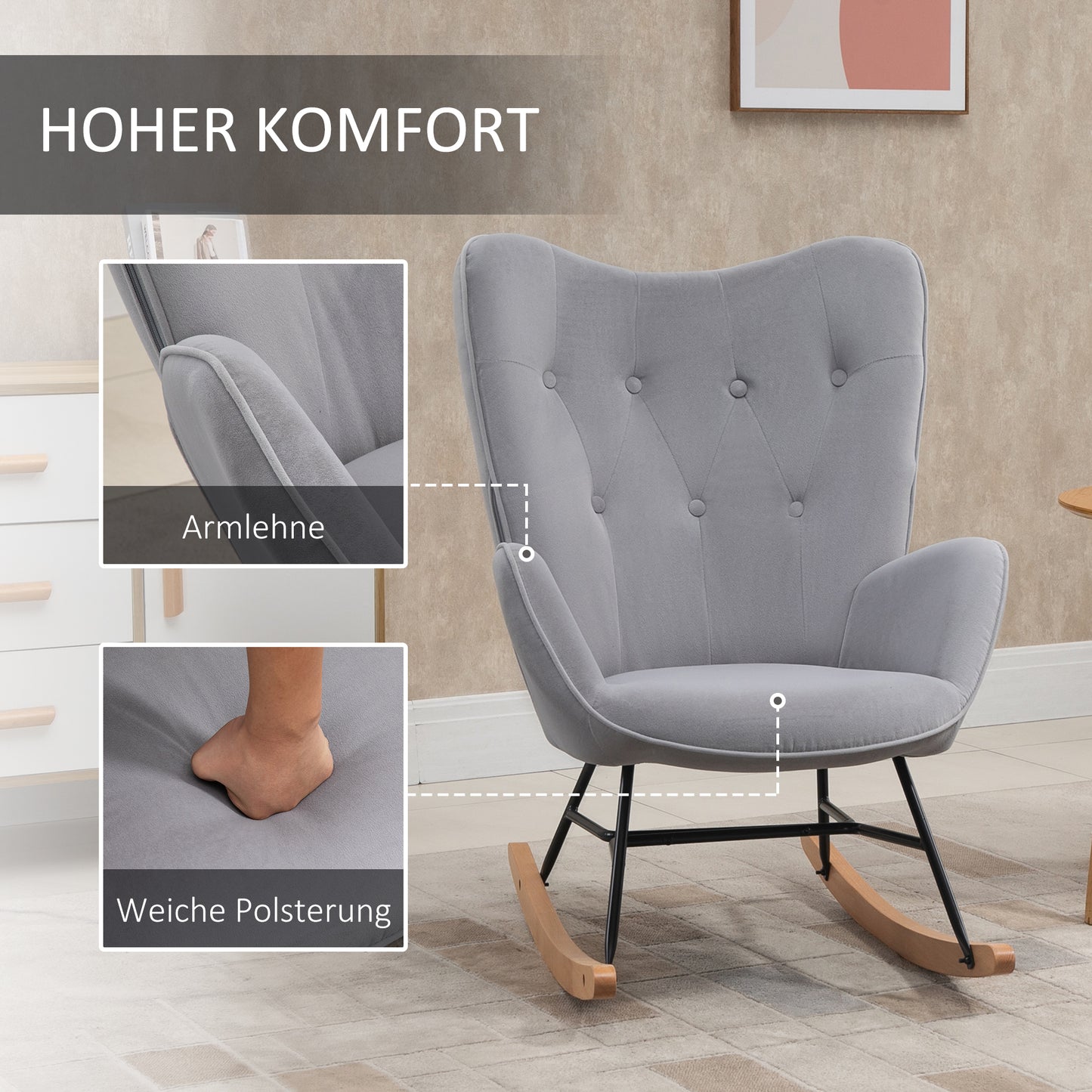 HOMCOM Schaukelstuhl mit Steppung, Holzkufen, Samtoptik, bis 150 kg, Hellgrau