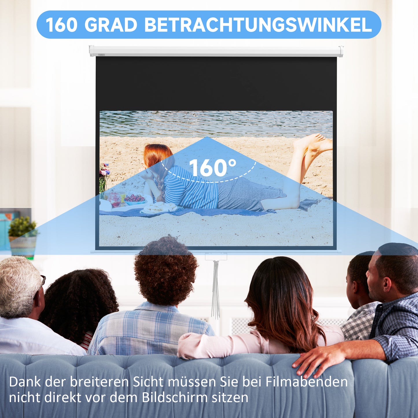HOMCOM Beamer-Leinwand, inkl. Ständer, Wand- oder Deckenmontage, 16:9 Seitenverhältnis, 172x96 cm, Weiß