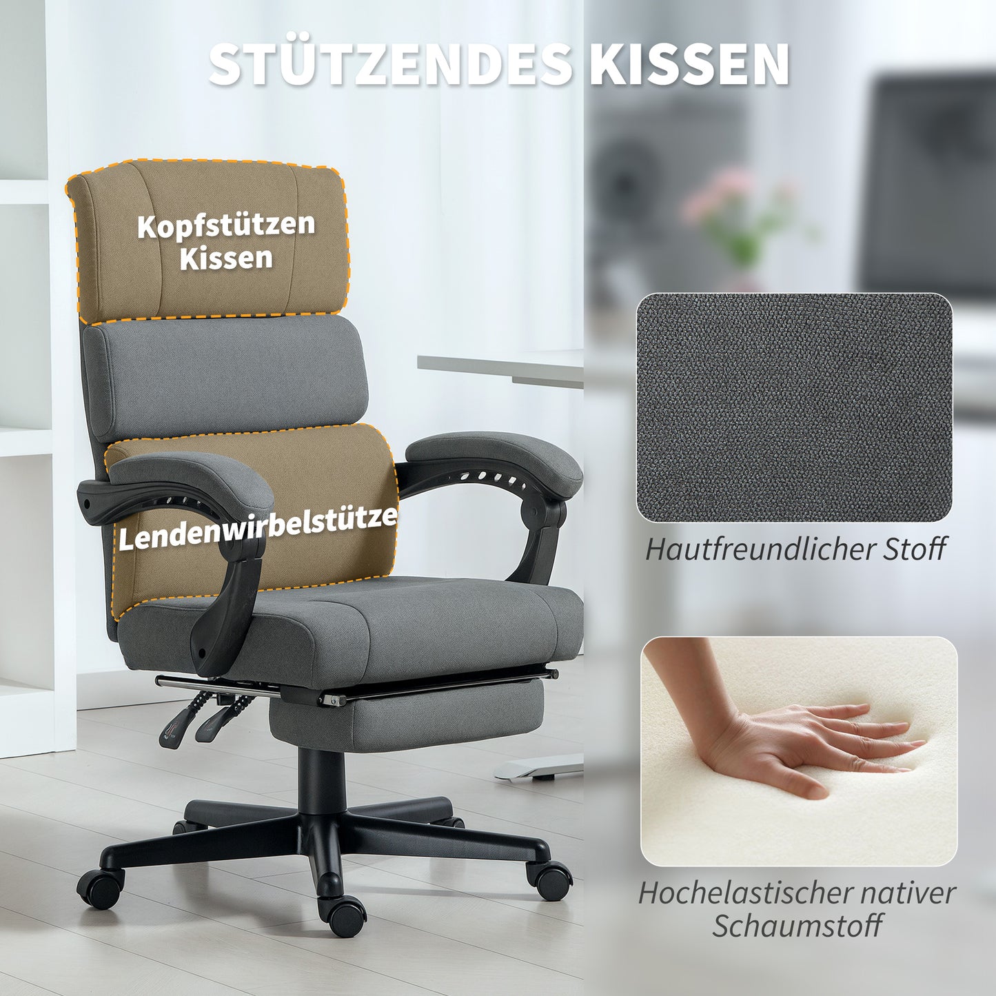 HOMCOM Gepolsterter Bürostuhl mit Samt-Optik, höhenverstellbar, rollbar, Grau