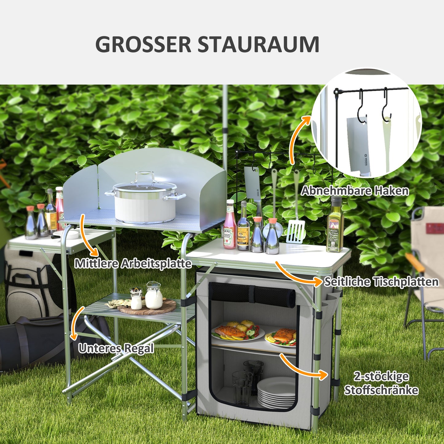 Outsunny Campingküche, faltbar, 3 Arbeitsplatten, Windschutz, Stoffschrank, 144x48x119cm, Silber