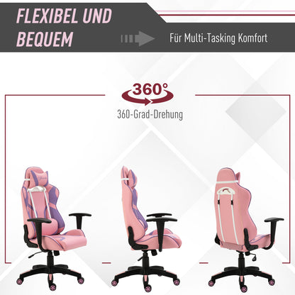 Vinsetto Ergonomischer Gaming Stuhl Bürostuhl Drehstuhl Verstellbares Massage Lendenkissen Höhenverstellbar Rosa&Violett 69x56x125,5 cm
