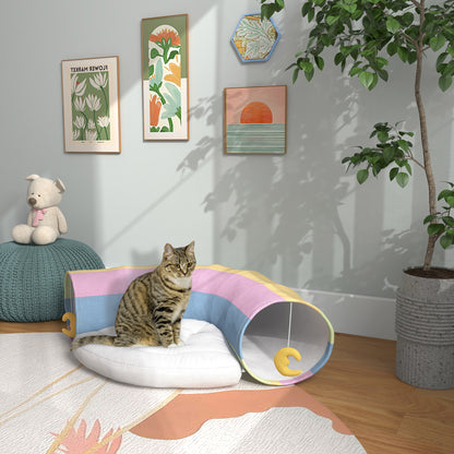 PawHut Katzentunnel Katzenspielzeug, 2 Spielzeuge, 1 Liegepolster, verspieltes Design, 105 cm x 65 cm x 28 cm, Mehrfarbig