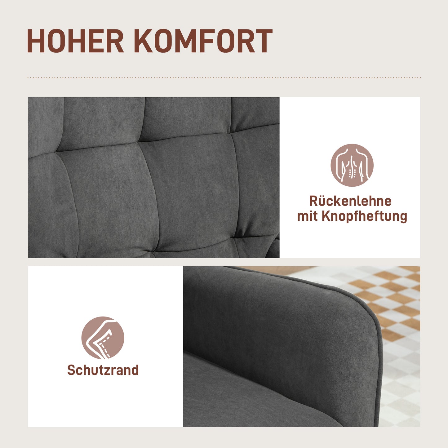 HOMCOM Polstersessel, Wohnzimmersessel mit Steppung, weicher Bezug in Samtoptik, bis 120 kg, Grau