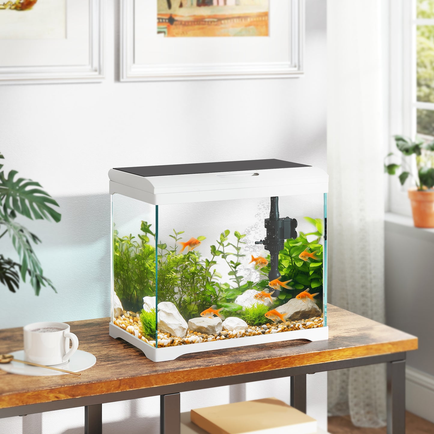 PawHut Aquarium, 17 L Tropenfischaquarium, leichte Pflege, klare Sicht, mit LED-Leuchten, 35L x 21B x 31H cm, Weiß+Schwarz