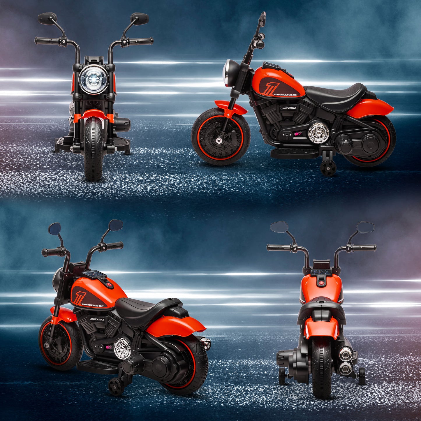 HOMCOM Elektro-Kindermotorrad mit Scheinwerfer, abnehmbare Stützräder, 76x42x57 cm, Rot/Schwarz