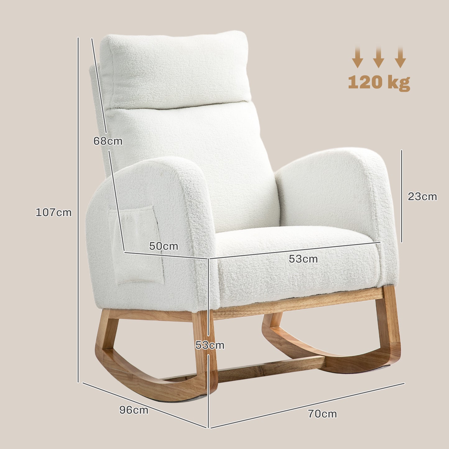 HOMCOM Schaukelstuhl, Relaxsessel, dicke Polsterung, kuscheliger Bezug, Holzrahmen, bis 120 kg Tragkraft, Cremeweiß