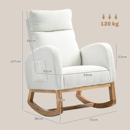 HOMCOM Schaukelstuhl, Relaxsessel, dicke Polsterung, kuscheliger Bezug, Holzrahmen, bis 120 kg Tragkraft, Cremeweiß