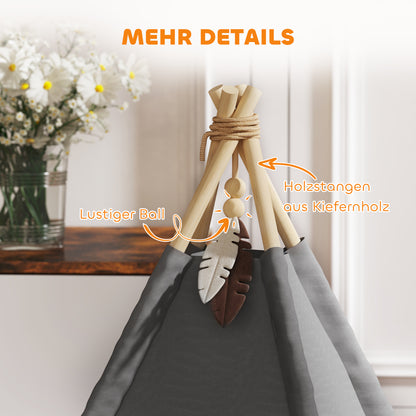 PawHut Tipi-Zelt für Haustiere, Tierbett im Tipi-Design, Katzenzelt mit Kissen, Hundebett zum Schlafen, Katzenbett, Grau