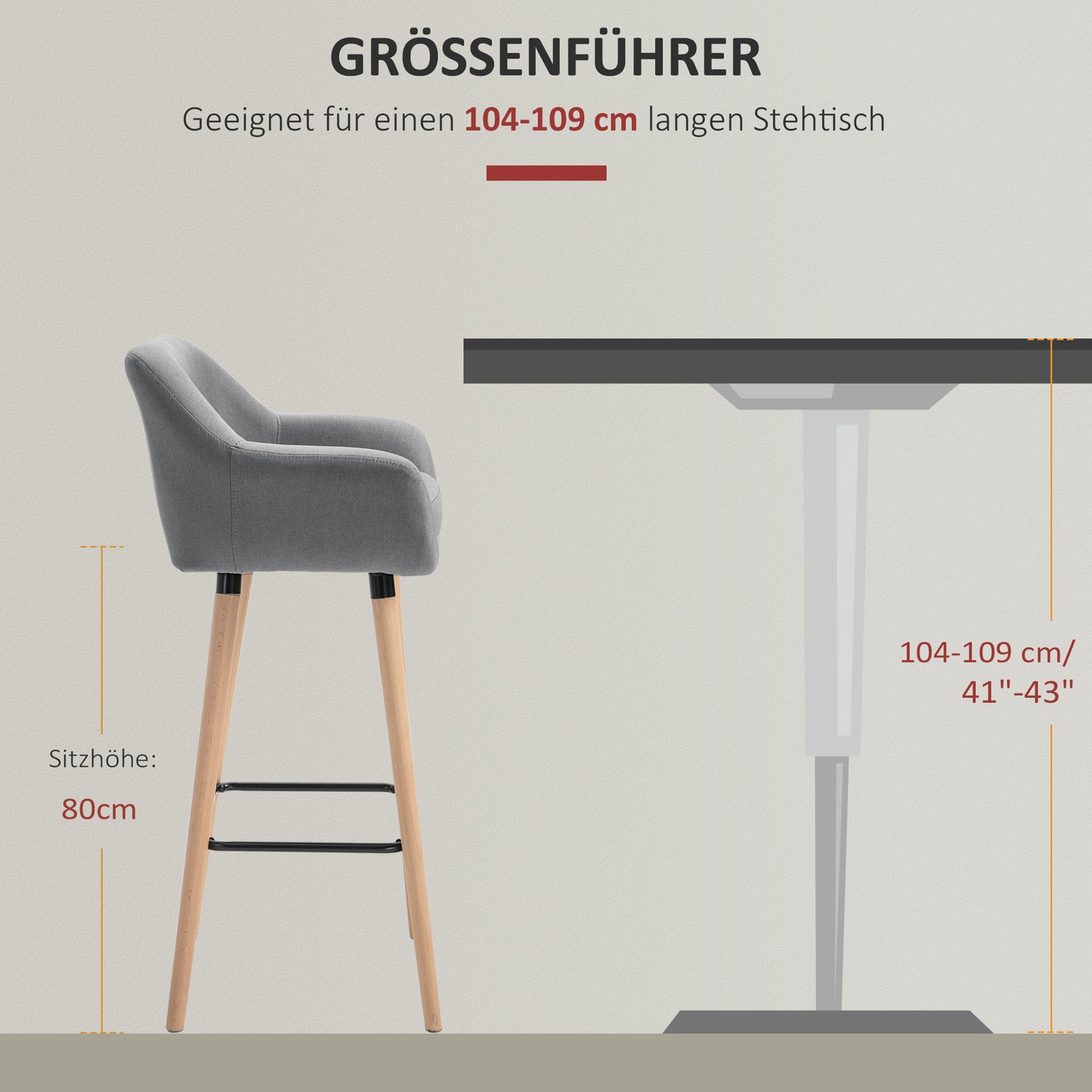 HOMCOM 2er-Set Barhocker, inkl. Fußstütze, Massivholz, 55 cm x 48c m x 100 cm, Grau